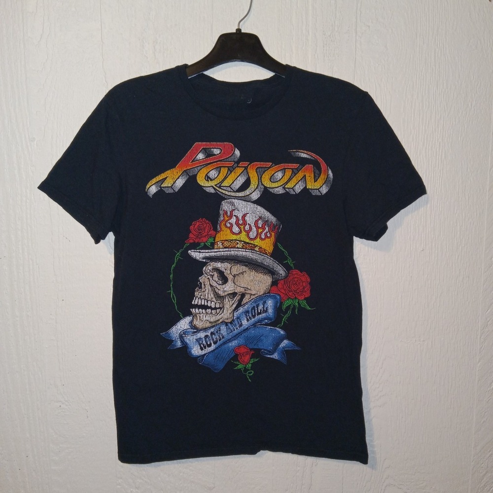 Poison Rock and Roll Graphic Tee Mens Small Black Skull Top Hat Roses Concert